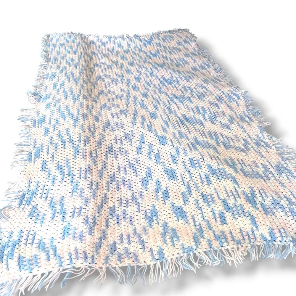 Handmade Crochet Baby Blanket‎ Pastel Blue Pink White Variegated Fringed Afghan